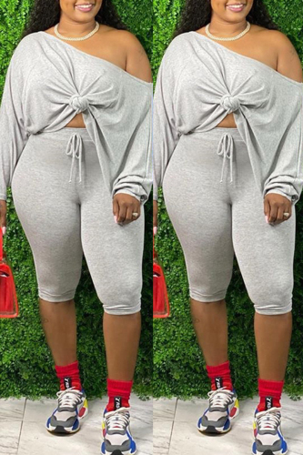 Grey Active O Neck Print Solid Plus Size
