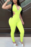 Fluorescent Green Fashion Sexy Zipper Collar Sleeveless Off The Shoulder Skinny Solid Jumpsuits