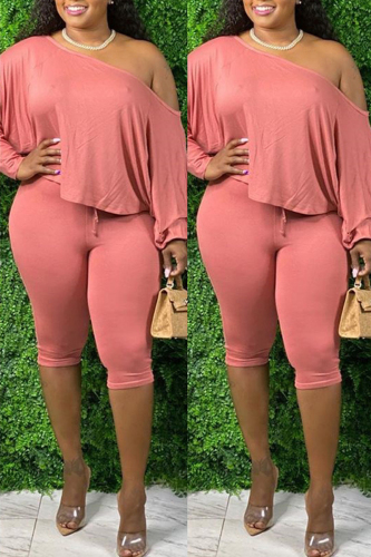 Pink Active O Neck Print Solid Plus Size