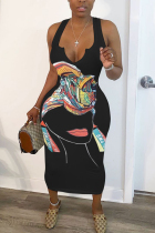 Black Fashion Sexy Celebrities Tank Sleeveless Spaghetti Strap Sheath Mid Calf Character Dresses