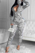 Grey Casual Print Tie-dyed Blend Long Sleeve V Neck Jumpsuits