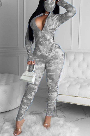 Gray Fashion Sexy Celebrities Zipper Collar Long Sleeve Regular Sleeve Skinny Tie Dye Jumpsuits(With Mask)