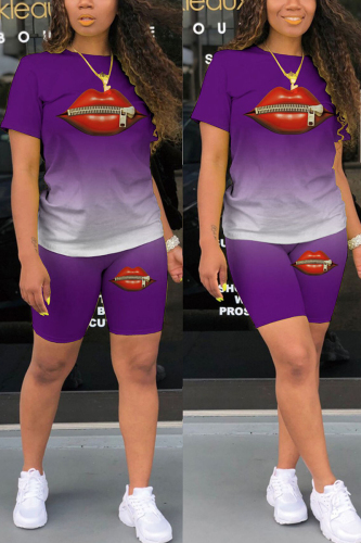 purple Fashion Casual adult Ma'am Print Gradient Two Piece Suits Lips Print Straight Short Sleeve Two Pieces