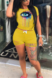Yellow venetian Fashion Casual adult Ma'am Print Two Piece Suits Eyes Printed pencil Short Sleeve Two Pieces