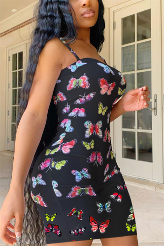 Black Sexy Spaghetti Strap Sleeveless Slip Step Skirt Mini Print Patchwork backless Dresses
