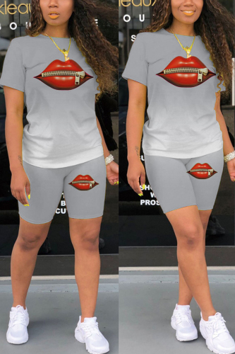 Grey Fashion Casual adult Ma'am Print Gradient Two Piece Suits Lips Print Straight Short Sleeve Two Pieces