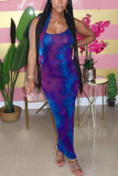 Dark Purple Fashion Sexy adult Ma'am Spaghetti Strap Sleeveless Slip Step Skirt Ankle-Length Print Dresses