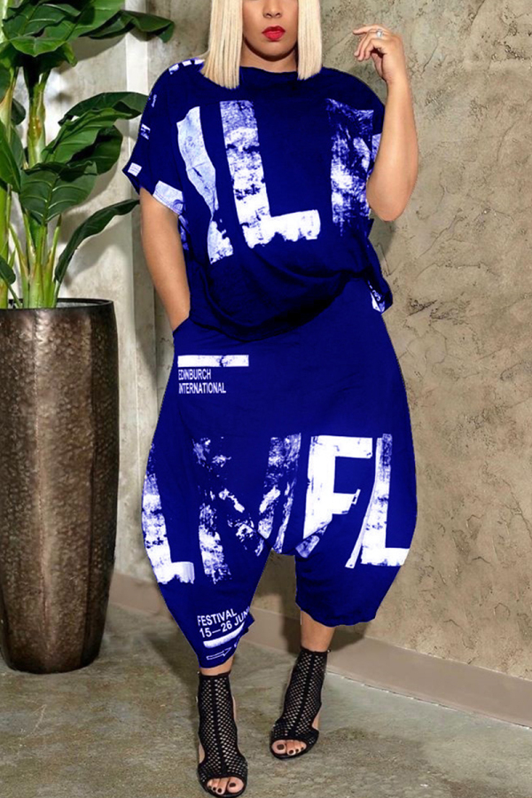 Blue Fashion Casual Print Harlan pants Short Sleeve Two Pieces