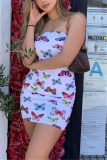 Rose Red Sexy Off The Shoulder Sleeveless Strapless Dress Mini Butterfly Print Dresses