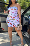 White Sexy Off The Shoulder Sleeveless Strapless Dress Mini Butterfly Print Dresses