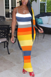 Orange Fashion Sexy adult Ma'am Spaghetti Strap Sleeveless Slip Step Skirt Ankle-Length Print Dresses