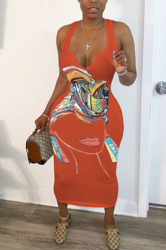 Brick red OL V Neck Print Pattern Plus Size