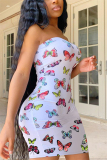 Black Sexy Off The Shoulder Sleeveless Strapless Dress Mini Butterfly Print Dresses