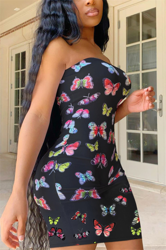 Black Sexy Off The Shoulder Sleeveless Strapless Dress Mini Butterfly Print Dresses