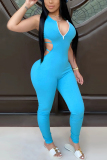 Blue Fashion Sexy Zipper Collar Sleeveless Off The Shoulder Skinny Solid Jumpsuits