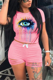 Pink venetian Fashion Casual adult Ma'am Print Two Piece Suits Eyes Printed pencil Short Sleeve Two Pieces