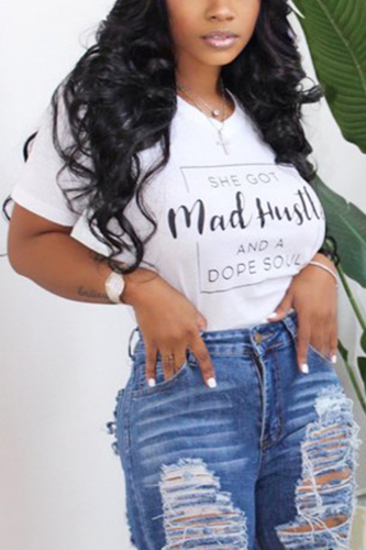 White O Neck Short Sleeve Letter Print Tops