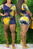 Yellow Casual V Neck Tie Dye Zippered Plus Size 