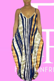 Yellow Fashion Casual Spaghetti Strap Sleeveless V Neck Sling Dress Floor Length Striped Print Dresses