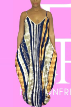 Deep Blue Fashion Casual Spaghetti Strap Sleeveless V Neck Sling Dress Floor Length Striped Print Dresses