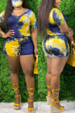 Yellow Casual V Neck Tie Dye Zippered Plus Size 