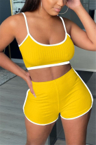 Yellow Sexy Sleeveless O Neck Spaghetti Strap Short Solid Two Pieces