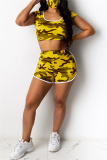 Yellow Fashion adult England Ma'am Camouflage Two Piece Suits Straight Short Sleeve Two Pieces