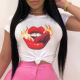 White Fashion Casual O Neck Short Sleeve Regular Sleeve Regular Lips Printed Tops