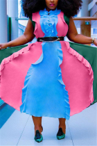 Blue Pink Fashion Patchwork Plus Size Sleeveless Dress (Without Belt)
