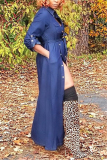 Blue Fashion Casual Regular Sleeve Long Sleeve Turndown Collar Denim Dress Floor Length Solid Dresses