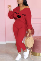 Red Sexy Print Lips Print pencil Long Sleeve Two Pieces