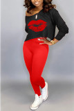 Red Fashion adult Ma'am Street Print Two Piece Suits pencil Long Sleeve Two Pieces