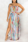 Blue Fashion Sexy Off The Shoulder Sleeveless Strapless Printed Dress Floor Length Print Dresses