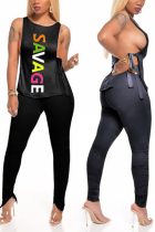 Black venetian Fashion Casual adult Ma'am Letter Two Piece Suits pencil Sleeveless Two Pieces