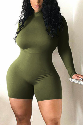 Army Green Fashion street Solid Long Sleeve O Neck Rompers