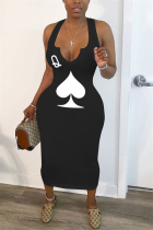 Black Sexy Sleeveless V Neck Step Skirt Mid-Calf Print Dresses