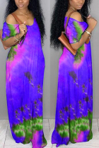 Purple Fashion Casual Regular Sleeve Short Sleeve V Neck Printed Dress Floor Length Print Dresses