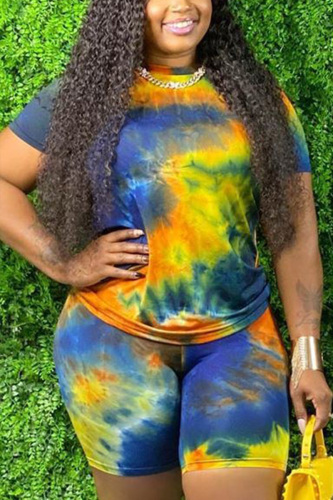 Blue Fashion Sexy adult Ma'am Tie Dye Two Piece Suits Straight Short Sleeve Two Pieces
