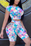 Blue Fashion Casual adult Ma'am Tie Dye Two Piece Suits HOLLOWED OUT pencil Short Sleeve Two Pieces