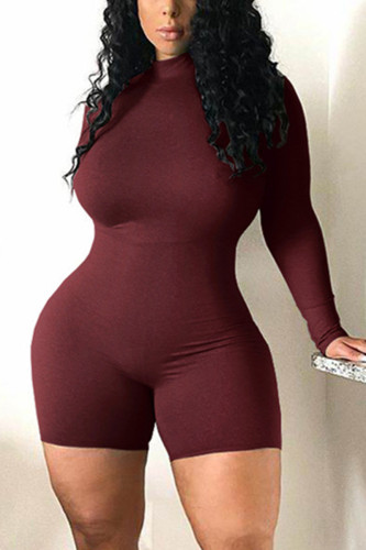Wine Red Fashion street Solid Long Sleeve O Neck Rompers