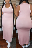 Pink Sexy O Neck Patchwork Solid Split backless Plus Size