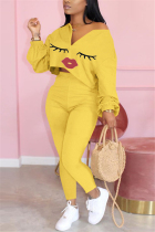 Yellow Sexy Print Lips Print pencil Long Sleeve Two Pieces
