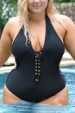 Black Fashion Sexy V Neck Sleeveless Off The Shoulder Solid Plus Size Swimsuit