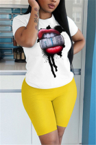 Yellow Fashion Casual Short Sleeve O Neck Regular Sleeve Regular Lips Printed Two Pieces