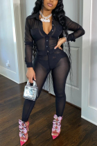 Black Network Sexy Solid Mesh perspective pencil Long Sleeve Two Pieces