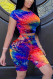 White Fashion Casual adult Ma'am Tie Dye Two Piece Suits HOLLOWED OUT pencil Short Sleeve Two Pieces