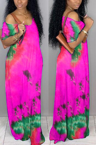 rose red Milk. Fashion adult Ma'am Street Cap Sleeve Short Sleeves V Neck Pencil Dress Floor-Length Tie and dye Dresses