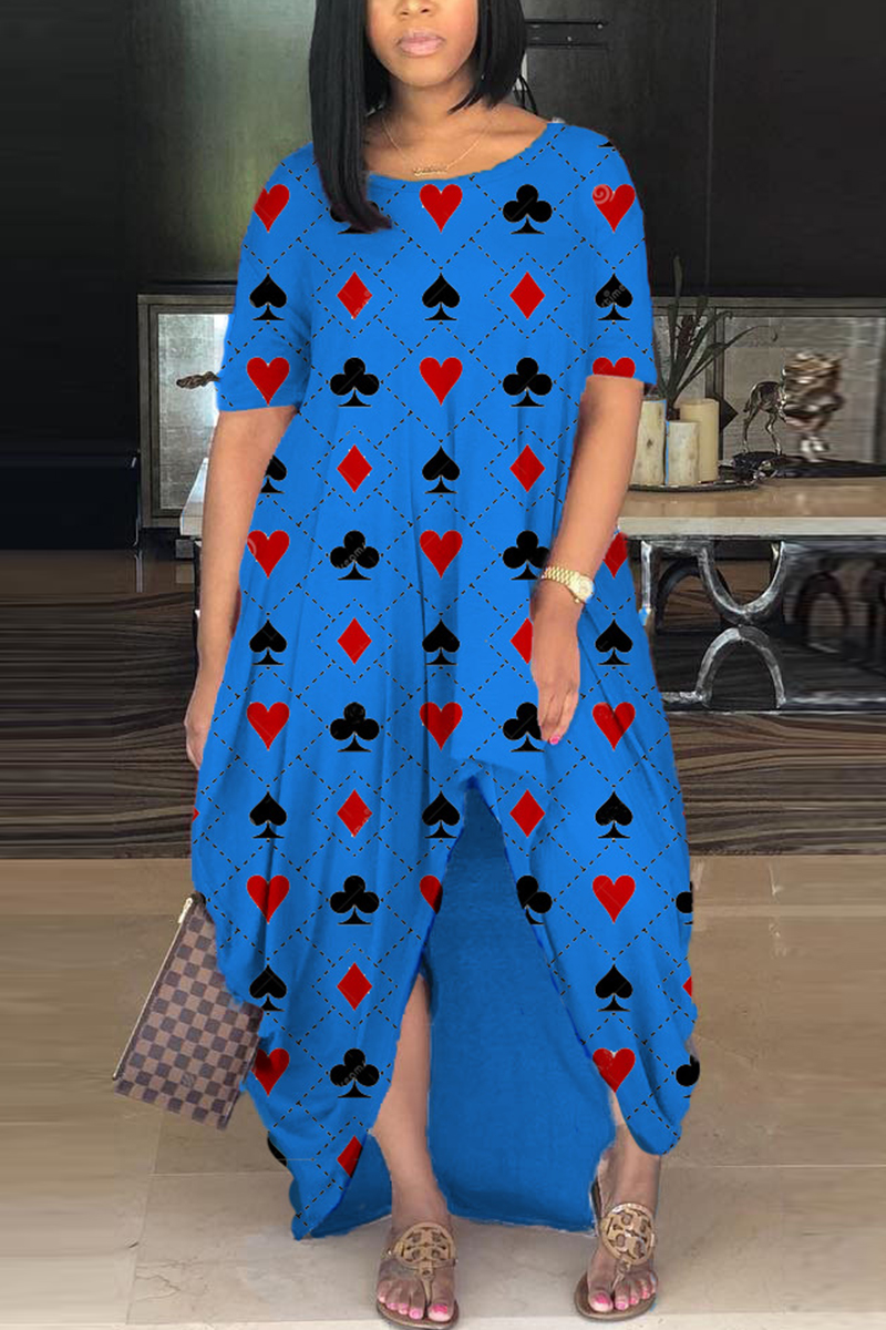 

Blue Casual O Neck Print asymmetrical Pattern Plus Size