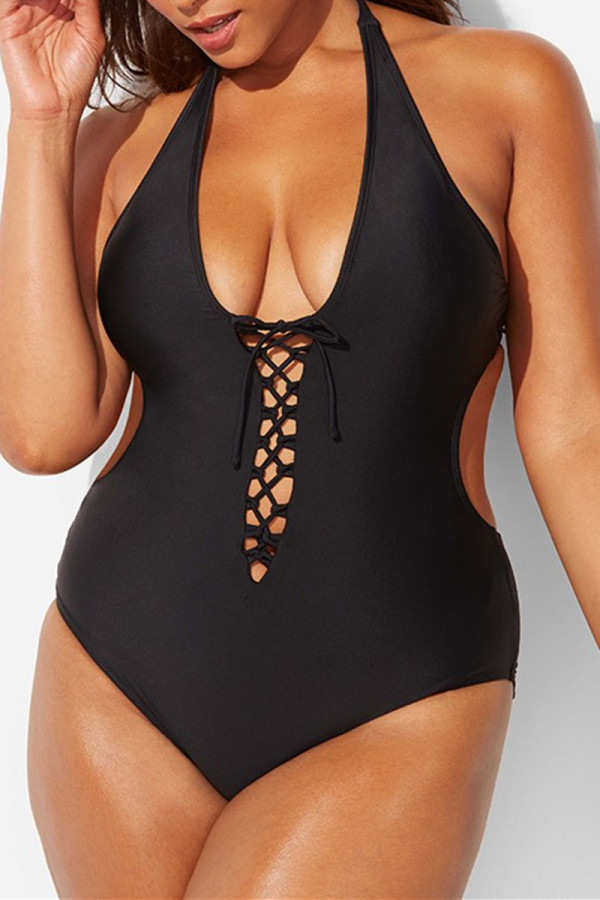 Black Fashion Sexy V Neck Sleeveless Off The Shoulder Solid Plus Size Swimsuit