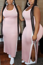Pink Sexy O Neck Patchwork Solid Split backless Plus Size